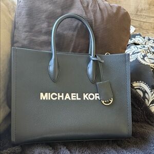 Michael Kors Black Leather Logo Satchel.
